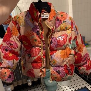cult gaia Floral Puffer Jacket in Beige with Red & Orange Blooms